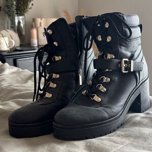 GUESS Women’s Black Lace-Up Lug Heel Boots with Buckle Strap